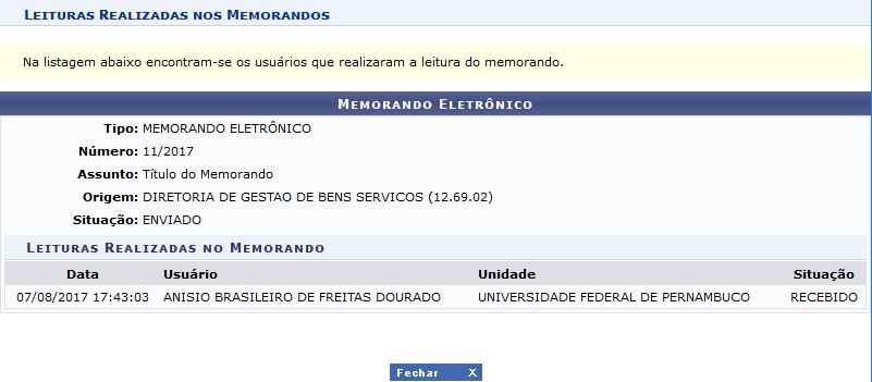 VISUALIZAR LEITURAS A leitura do memorando pode ser realizada por diversos servidores. Para verificar quais foram os servidores que realizaram a leitura do memorando basta clicar nessa funcionalidade.
