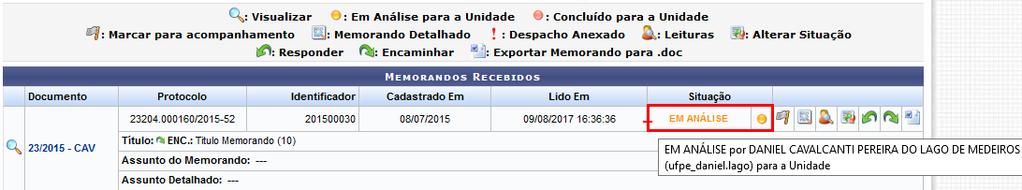 E ao repousar o mouse sobre esse ícone, o sistema exibe o servidor que está realizando a análise do memorando.