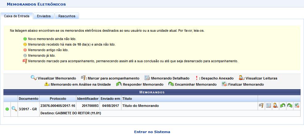 Nessa tela existem três abas e seu funcionamento é semelhante a um painel de e-mail. Na aba Caixa de Entrada encontram-se os memorandos eletrônicos destinados ao seu usuário ou a sua unidade atual.