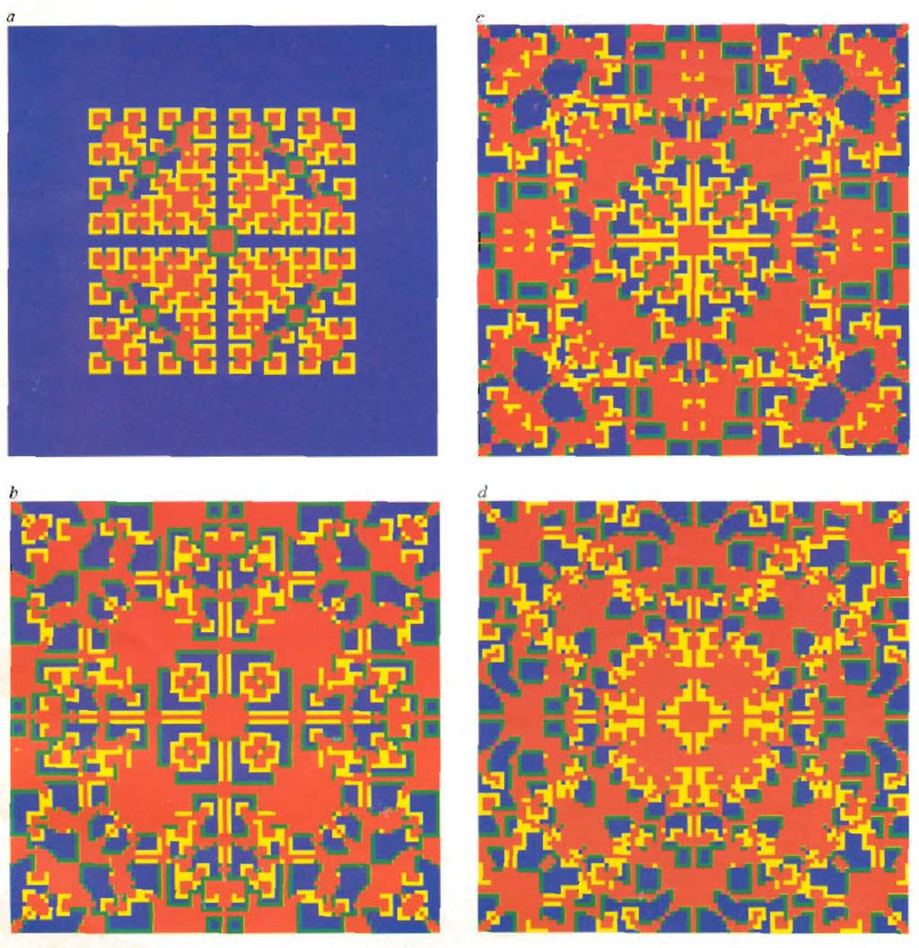 Capítulo 2. Física estatística e problemas atuais 22 F IGURA 2.3: Imagens do artigo pioneiro de Nowak e May, com as primeiras simulações de jogos espacialmente distribuídos em uma rede quadrada.