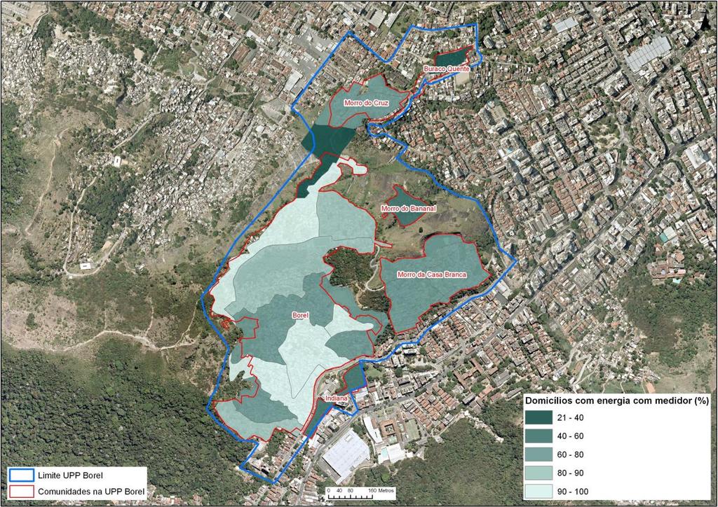 Mapa 5 Percentual de Domicílios Particulares Permanentes com Energia Elétrica da Companhia Distribuidora e com Medidor ou Relógio segundo os Setores Censitários das Comunidades na UPP Borel 2010