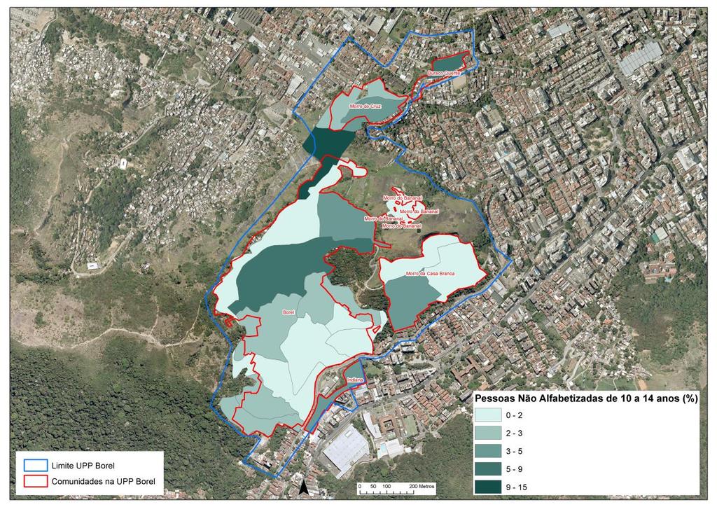 Mapa 7 Percentual de Pessoas de 10 a 14 anos de idade Não-Alfabetizadas segundo os Setores Censitários das Comunidades na UPP Borel 2010 Fonte: Dados do Censo Demográfico IBGE (2010) 3.