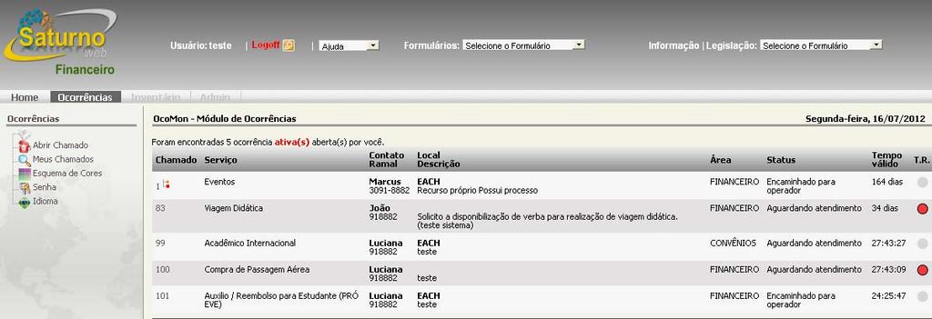 Endereço do Sistema Saturno Inserir usuário e senha e clicar no botão entrar para realizar o login. Ocorrências ativas abertas pelo usuário teste.