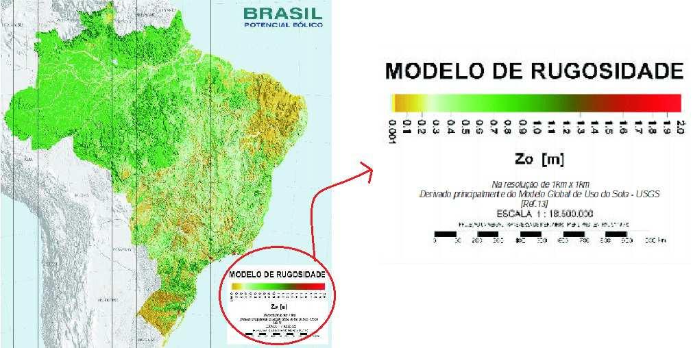 Figura 3: Rugosidade do terreno do Brasil Fonte: Adaptado do Atlas do potencial eólico brasileiro (AMARANTE, 2001) Após serem calculadas as velocidades do vento nas demais altitudes utilizou-se a