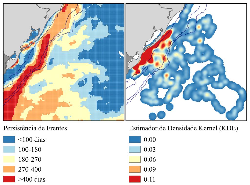 Figura 5. Persistência de frentes na área de estudo (direita) e Estimador de Densidade Kernel (KDE) das posições registradas para todas as tartarugas. 4.