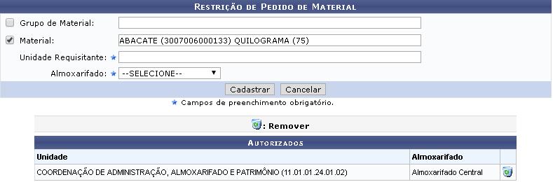 O almoxarifado só pode excluir restrições para almoxarifados que sejam de sua unidade gestora ou quando for gestor