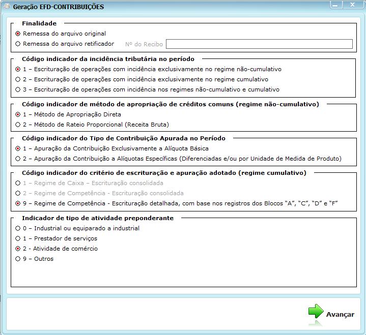 FINALIDADE: Remessa do arquivo original: é para geração do primeiro arquivo a ser enviado.