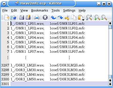 Figura 5.2: Fragmento da lista de extração: Hwav2mfc.scp Criação da lista para extração das características Nesta parte, uma lista será preparada contendo todos os arquivos da base inteira.