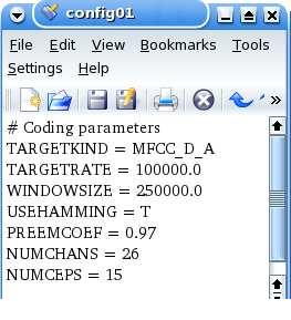 Figura 5.3: Arquivo de configuração para a extração dos coeficientes MFCC: config01 janela de Hamming de 25ms de duração e com 10ms de superposição.