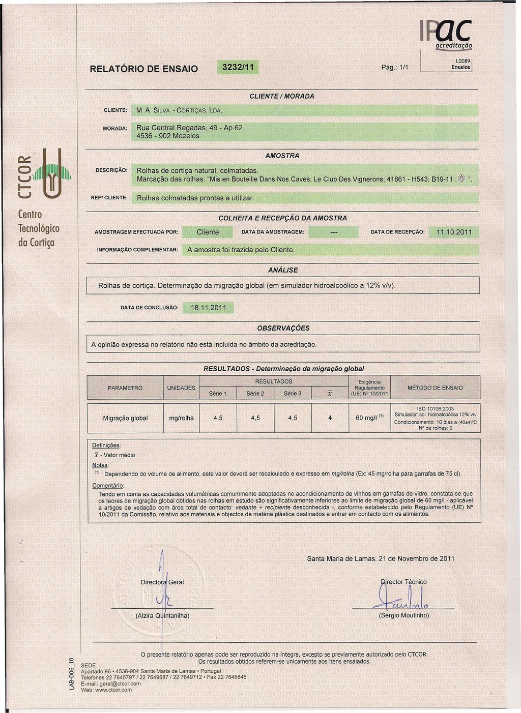 c I RELATÓRIO 3232/11 DE ENSAIO Pág.: 1/1 CLIENTE / MORADA CLIENTE: MORADA: M. A SILVA - CORTiÇAS, LDA. Rua Central 49 - Ap.