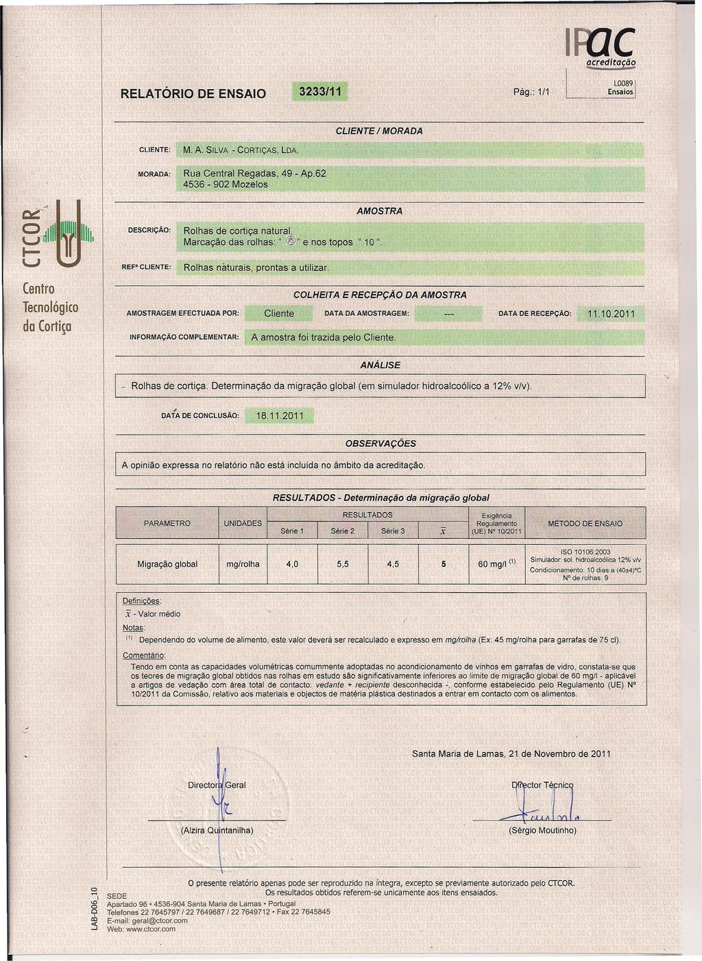 c I 3233/11 RELATÓRIO DE ENSAIO Pág.: ~red;taçã$!. L0089.Ensaios 1/1 CLIENTE / MORADA CLIENTE: MORADA: M. A. SILVA - CORTiÇAS, LDA. Rua Central 49 - Ap.