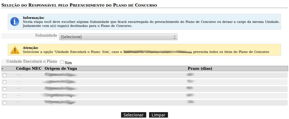 Figura 4 Tela de seleção do responsável pelo preenchimento do plano de concurso 5.2.