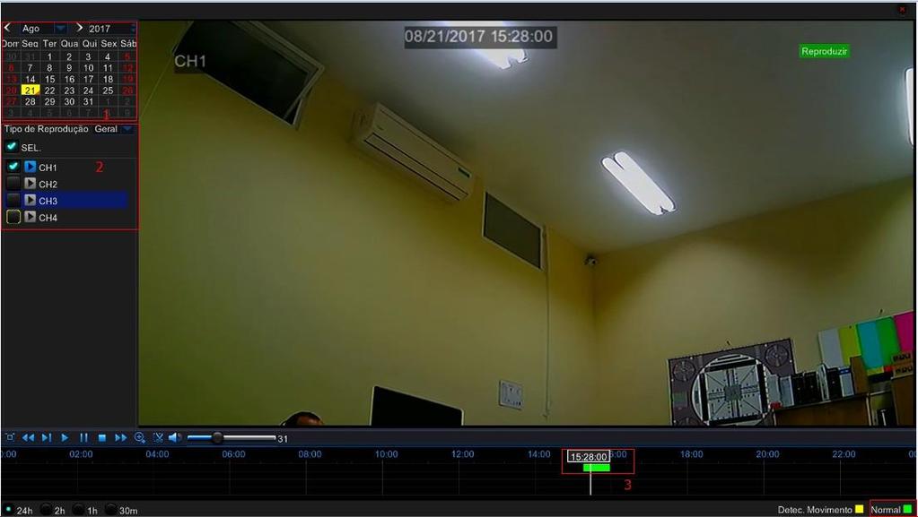 Após clicar em reprodução a gravação no canal selecionado será exibida Imagem Reprodução continua Onde haver gravações no calendário no canto direito ficara em laranja e no dia selecionado ficara