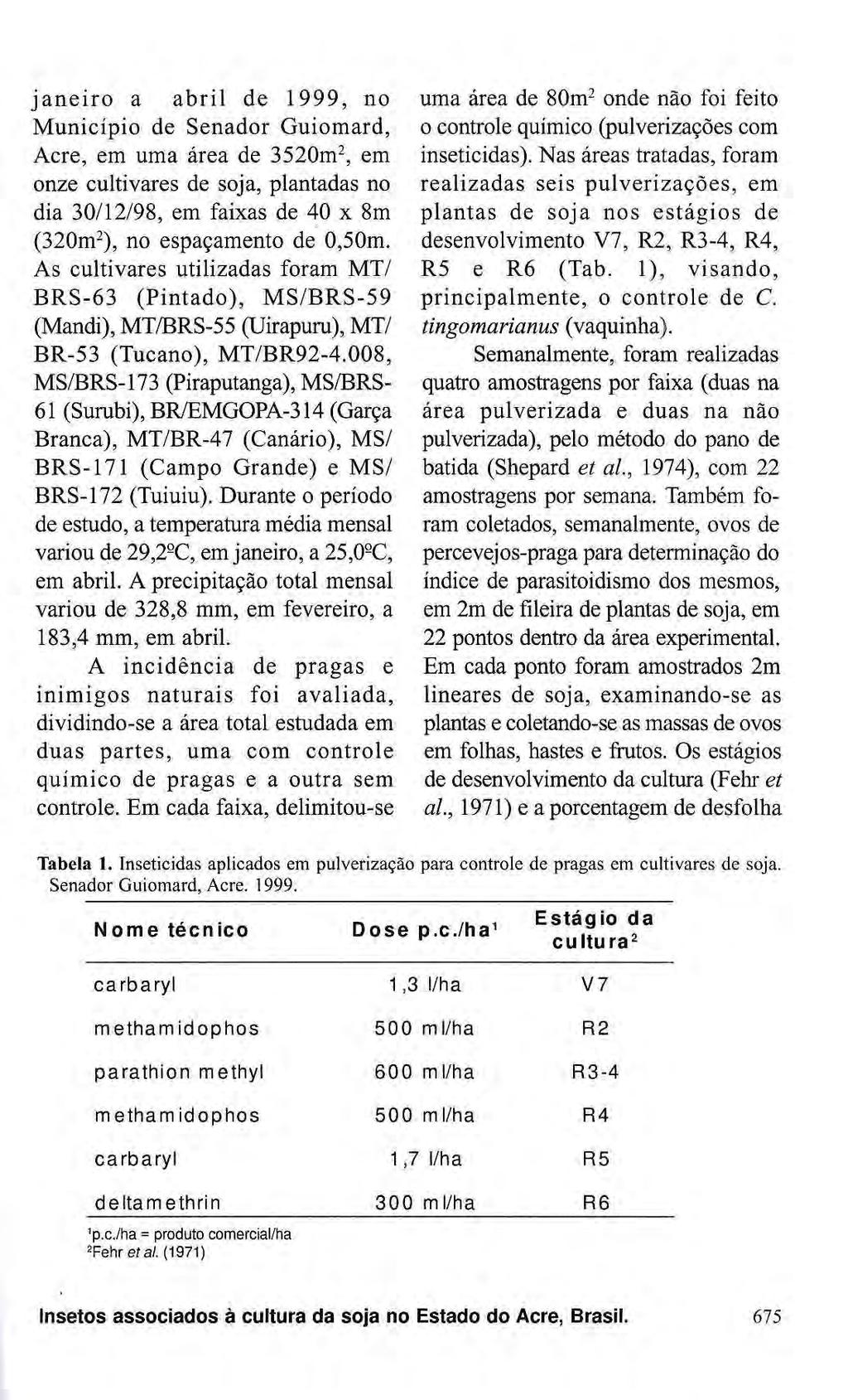 Janeiro a abril de 1999, no Município de Senador Guiomard, Acre, em uma área de 3520m 2, em onze cultivares de soja, plantadas no dia 30/12/98, em faixas de 40 χ 8m (320m 2 ), no espaçamento de 0,50m.
