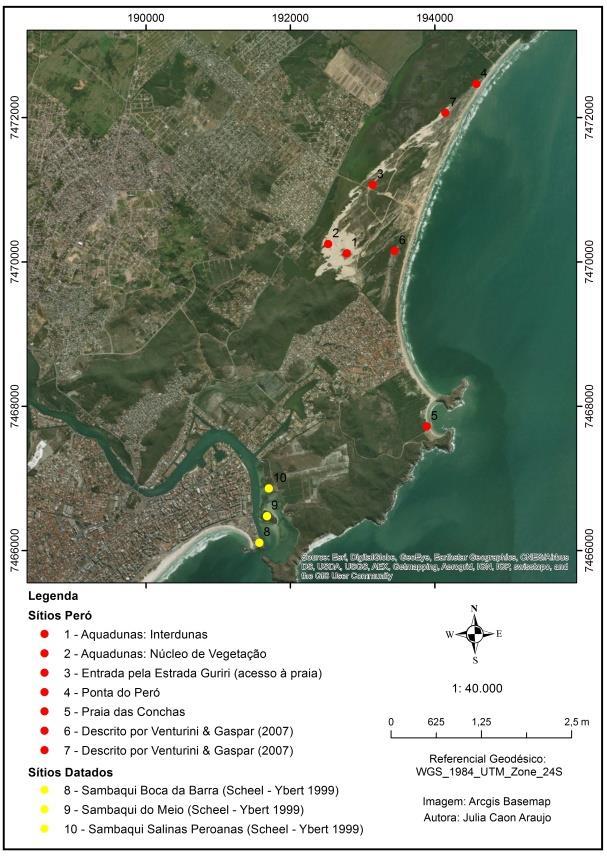 Pontos 1 e 2: O possível sítio está localizado na planície interdunas próximo ao condomínio Aquadunas Ffigura 3), foi encontrado durante um trabalho de campo da graduação em