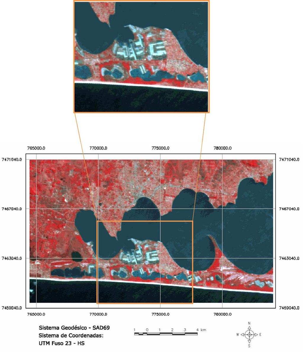 estimada de 1 metro e data de aquisição 29/08/2005; - Imagens sensoriais do sistema orbital CBERS-2 (baixadas do website do INPE), com resolução espacial estimada de 20 metros (cena 150/126), com as