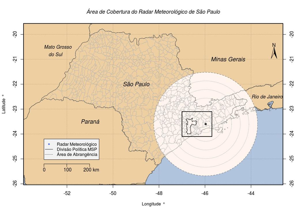 ÁREA 3 ÁREA 2 ÁREA (a) Figura : a) A área circular mais clara indica a abrangência do Radar de São Paulo (RSP). A área destacada pelo polígono em preto indica a região de estudo.