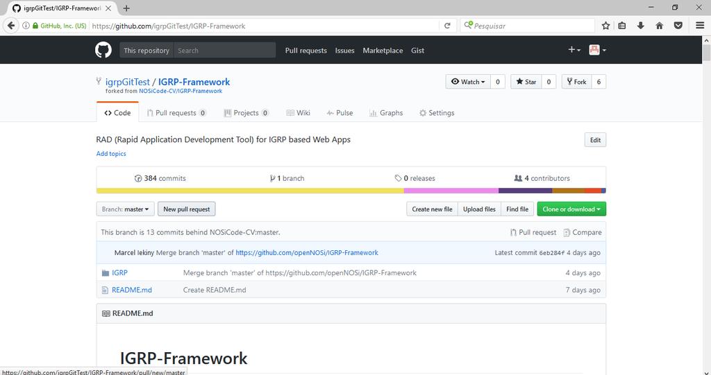 Figura 30 - New Pull Request Na figura 31 demostra que não houve conflito com o repositório pai, agora é só introduzir o título e a mensagem do Pull request que queremos em