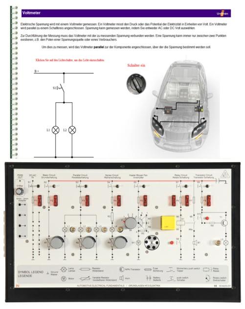 Incluído: 1 placa de experiências equipada com conjunto de lâmpadas conjunto de resistências transístor relé fusíveis interruptores motor CD-ROM com navegador e software de curso LabSoft Conteúdo da