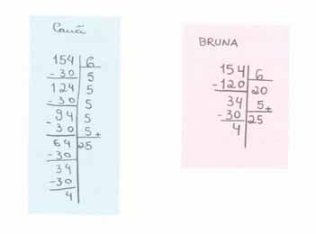 Em pequenos grupos, vamos exercitar: 1. Observem como duas crianças resolveram uma conta de divisão. Comparem semelhanças e diferenças entre elas: 2.