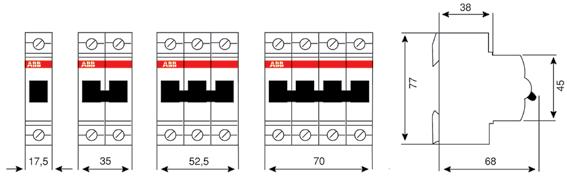 Dimensões em mm Mini disjuntores Linha S60 1P 2P 3P 4P Linhas S260, S280 e S280 UC 1P 2P 3P 4P 68 68 85 45 44 43,5 17,5 35 52,5 70 74 Linha S200 S 201 17.