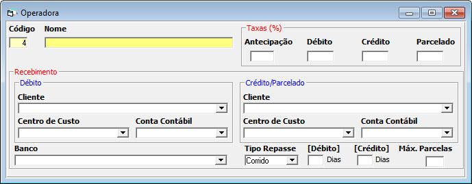 Cadastro de Operadora (Cartão) Foi adicionado a opção para o cliente separar as contas, centro de custo e cliente para débito ou