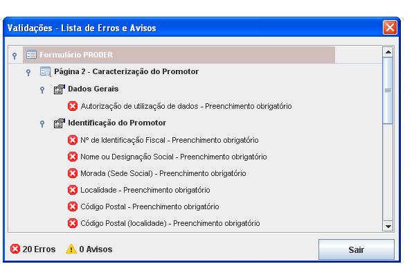 amarelo) sinalizando anomalias no preenchimento. Apenas os erros impedem o envio da candidatura conforme a janela abaixo apresentada que o promotor visualizará no ecrã do seu computador.