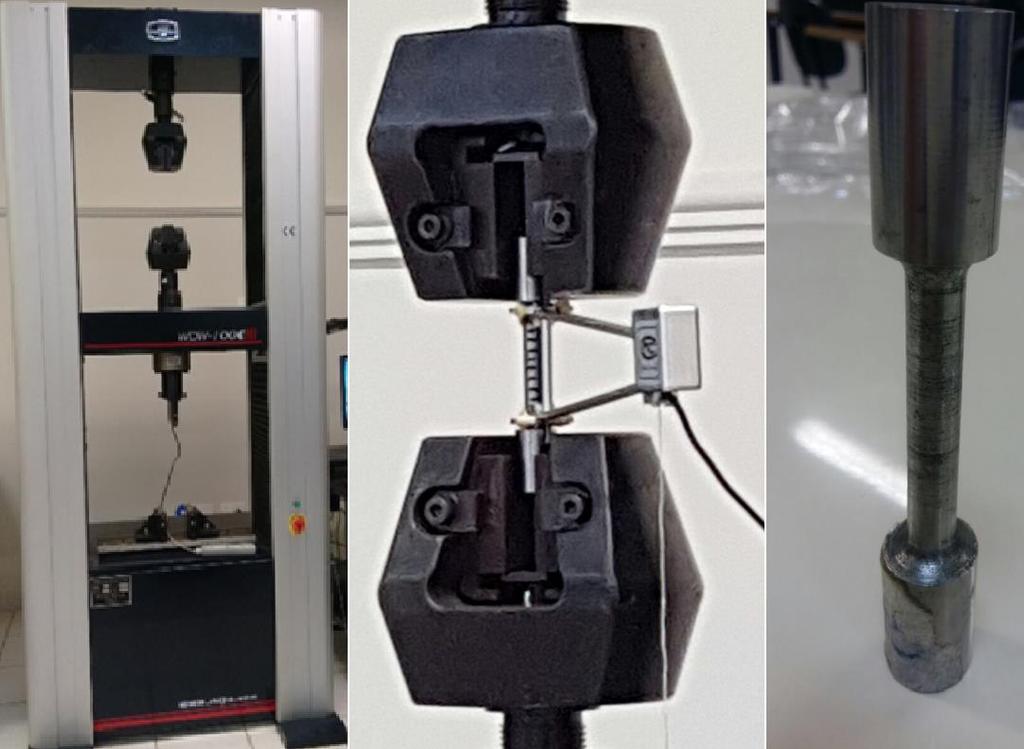 87 a deformação da amostra, como mostra a Figura 2. Por fim, após a ruptura do material, dimensionou a área e o comprimento final. Figura 2 Máquina de tração e corpo de prova do aço SAE 1045.