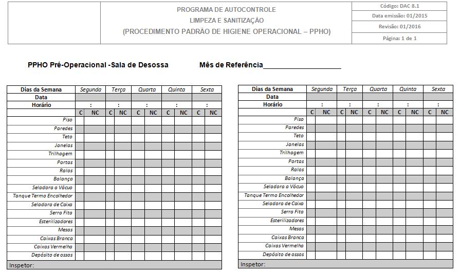 45 E foram substituídas pelas seguintes DACs: DAC 8.1: Pré-operacional Sala de Desossa (figura 27); DAC 8.2: Operacional Sala de Desossa (figura 28); DAC 8.