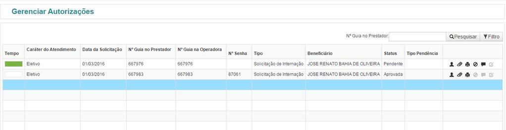 - Imprimir: Imprime a guia da autorização. - Mensagens: Exibe as mensagens da autorização. - Editar: Acessa a autorização e permite alterações. 5.