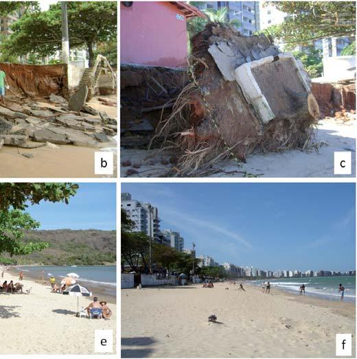 Muros e calçadas destruídos; (d-f): a praia sob condições de ondas de E-NE, associada aos alísios, em janeiro 2010, menos intensos e mais frequentes. Fotos dos autores.