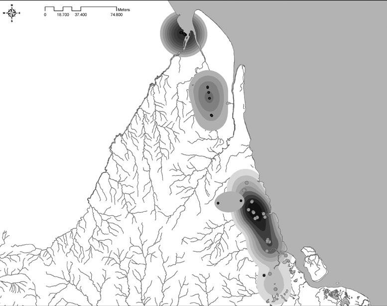 52 Figura 02- mapa comparando a densidade de ocorrência de megalitos (marrom amarelado) e grutas (azulado).