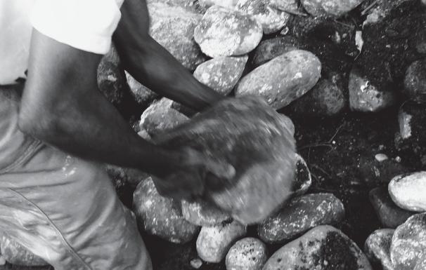 Trabalhador seleciona e carrega diretamente pedras em um parque da cidade.