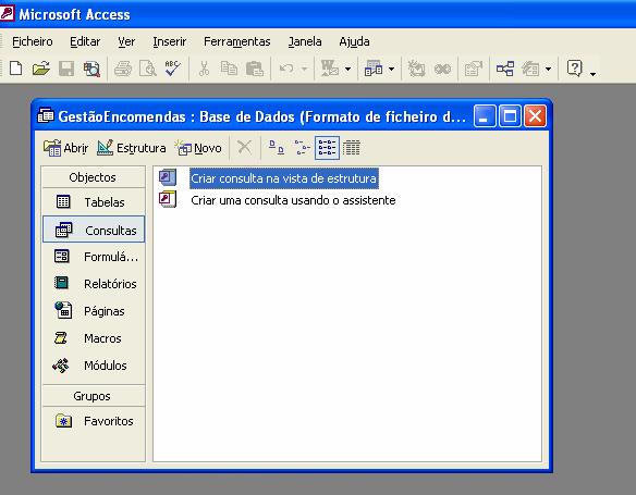 1. Para criar uma consulta de selecção, em vista de estrutura, seleccione o