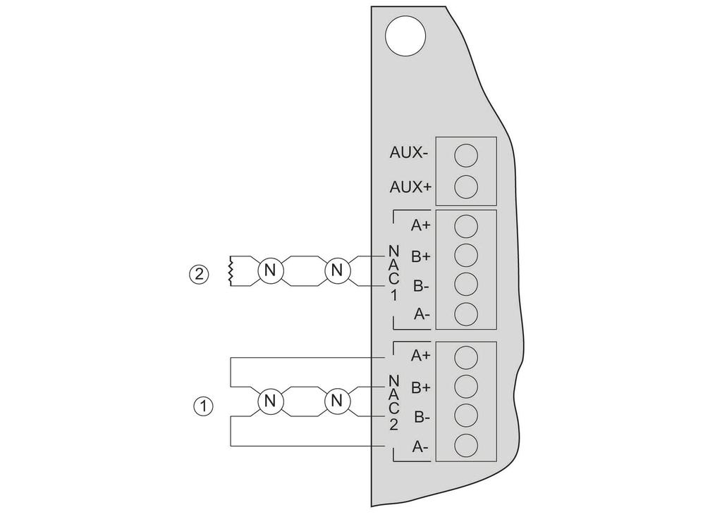 Painel de Controle do Alarme de Incêndio Conexão pt-br 41 1 Linha telefônica 2 (não limitada pela alimentação e supervisionada) 2 Linha telefônica 1 (não limitada pela alimentação e supervisionada)