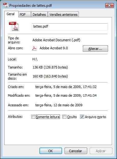 A tela seguinte destaca opção de arquivo morto obtida ao clicar com o botão direito do mouse no arquivo intitulado lattes.pdf, do meu computador que possui o sistema operacional Windows Vista.