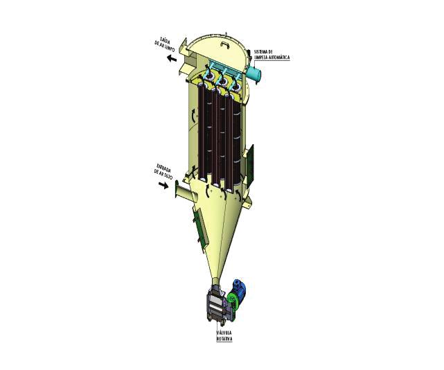 A sua construção circular e entrada de pó tangencial permite a queda de partículas grossas e pesadas no fundo da moega devido a criação do efeito centrífugo, aumentando a vida útil dos elementos