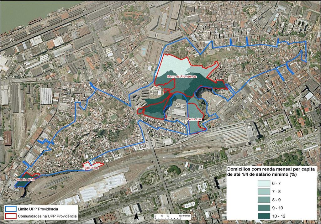 Mapa 9 Percentual de Domicílios Particulares com Renda Mensal declarada: RDPC até ¼ de Salário Mínimo segundo os Setores Censitários das comunidades na UPP Providência 2010 Fonte: Dados do Censo