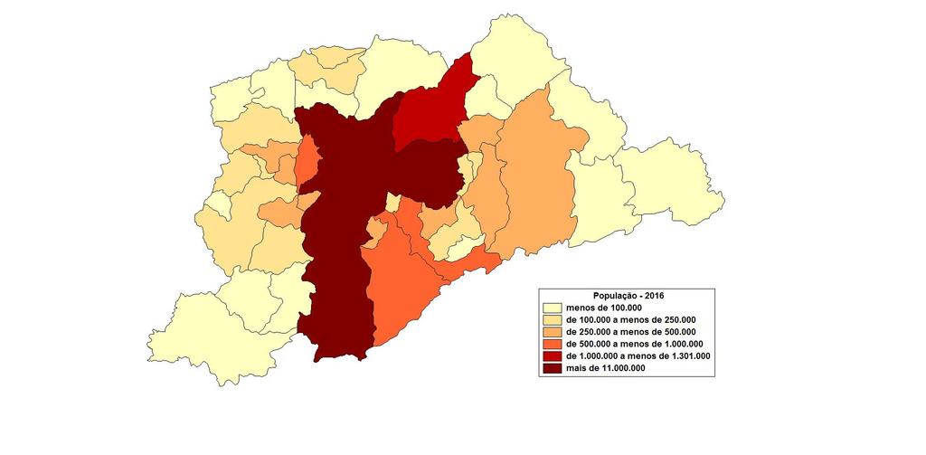Região Metropolitana de São Paulo População dos Municípios - 2016 2 municípios com mais de 1 milhão de habitantes 3 municípios entre 500 mil e 1 milhão de habitantes 9