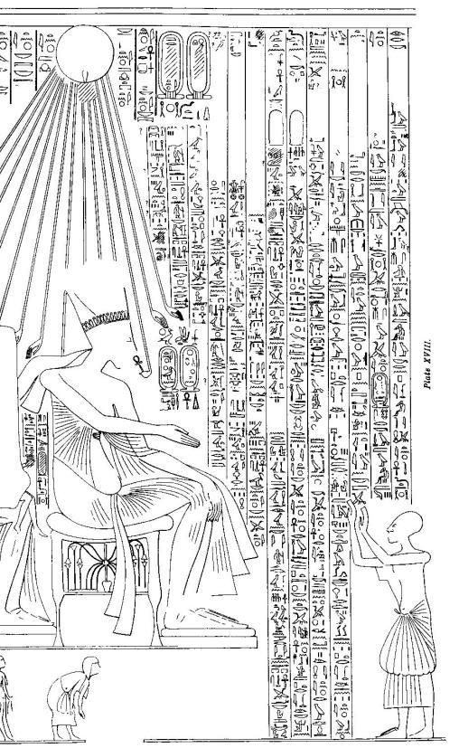 Fig. 3. Tutu é recebido pelo casal régio, sentado no pátio. Nefertiti, cujo rosto desapareceu tinha originalmente três filhas ao colo. Sobre todos eles, Aton derrama os seus raios. Parede ocidental.