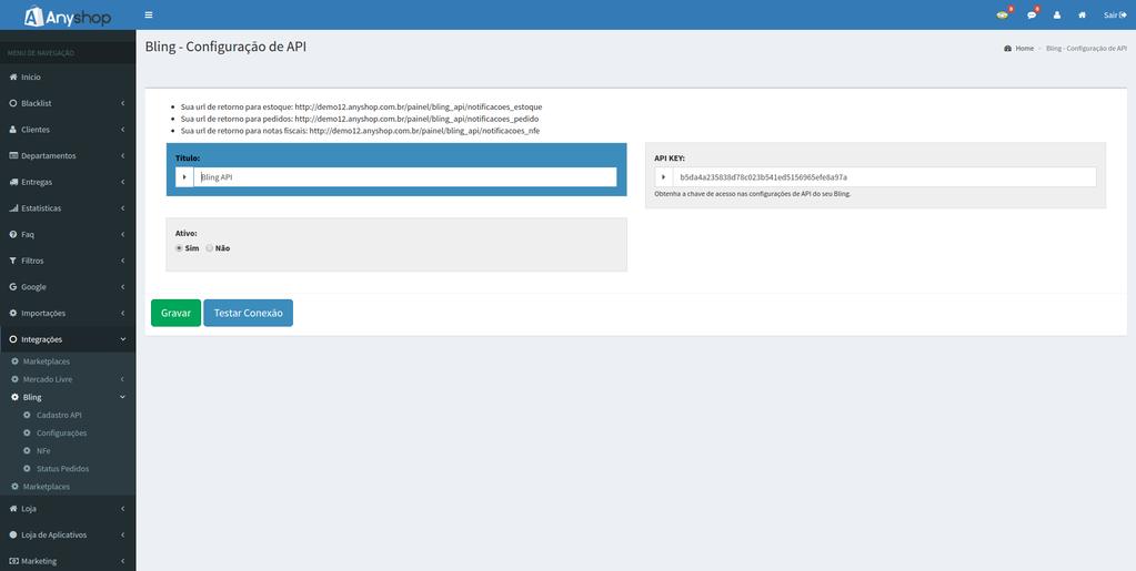 Tipo de Integração: API; Configurações opcionais: Tipo de retorno no callback: JSON; Callbacks: - URL de callback para alterações de estoque; - URL de callback para alterações de situação dos pedidos