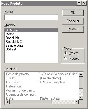 Configurando um projeto Nesta seção inicia-se o Trimble Geomatics Office e cria-se um novo projeto tutorial usando o modelo DTMLink. Para configurar um projeto: 1. Inicie o Trimble Geomatics Office.