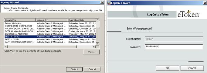 Se usa: etoken Então Clica no botão Confim=>selecciona o certificado de usuário