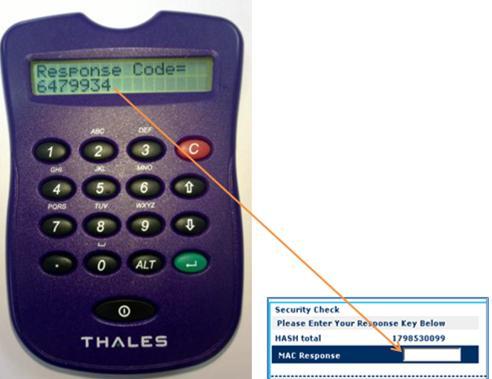 4.b.1) Liga o dispositivo Thales Token=>selecciona a opção HASH MAC=>introduz o PIN do dispositivo=>introduz o código de desafio gerado pelo