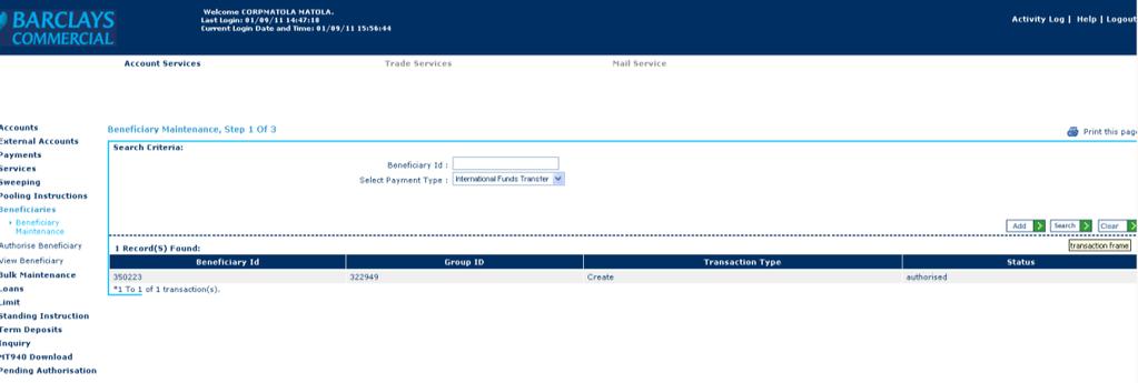 Clica sequencialmente nas hiperligações Account Services-> Beneficiaries->