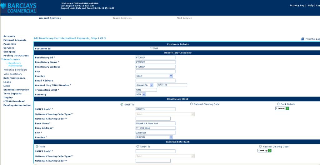 No campo Select Payment Type, escolhe International Funds Transfer Transferência de Fundos pra