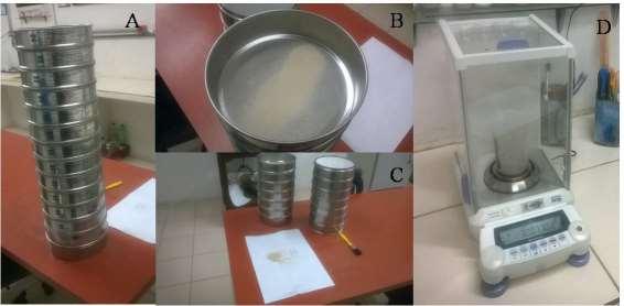 O material coletado foi submetido a tratamento padrão com retirada dos sais, secagem e separação com as peneiras de -2 a 4 ϕ (4 mm a 0,0625 mm) a intervalos de de ¼ de (FOLK; WARD, 1957), (Figura 3).