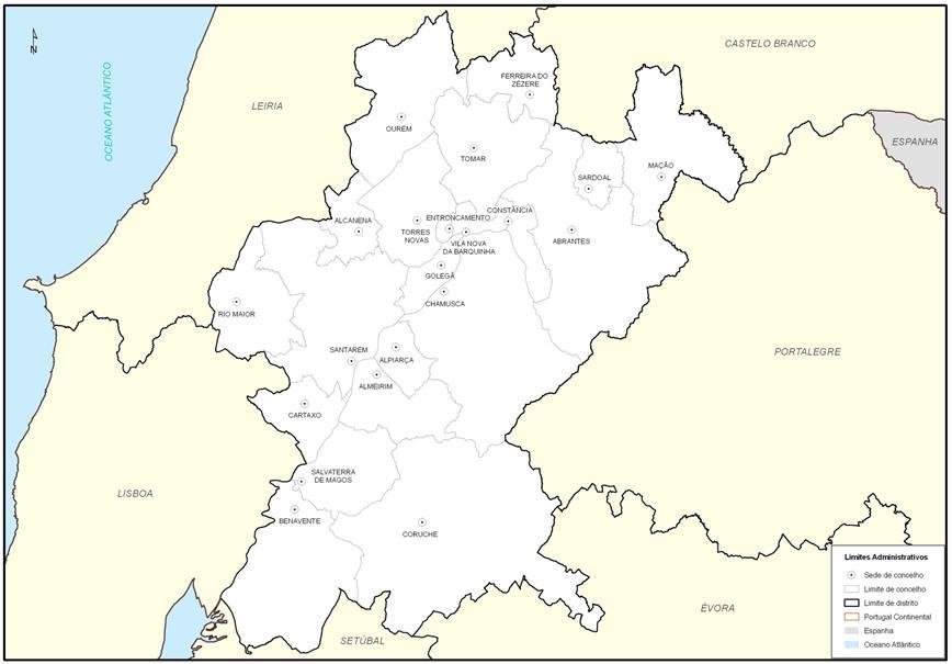 A norte tem fronteira com os distritos de Leiria e Castelo Branco e a sul com os distritos de Setúbal e Évora. Converge ainda a ocidente com os distritos de Lisboa e Leiria. Figura I.