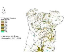 As áreas de maior risco de incêndio são as zonas interiores a Norte do Tejo, as regiões de Trás-os-Montes e Minho interior, bem como a zona montanhosa do Sudoeste Algarvio.