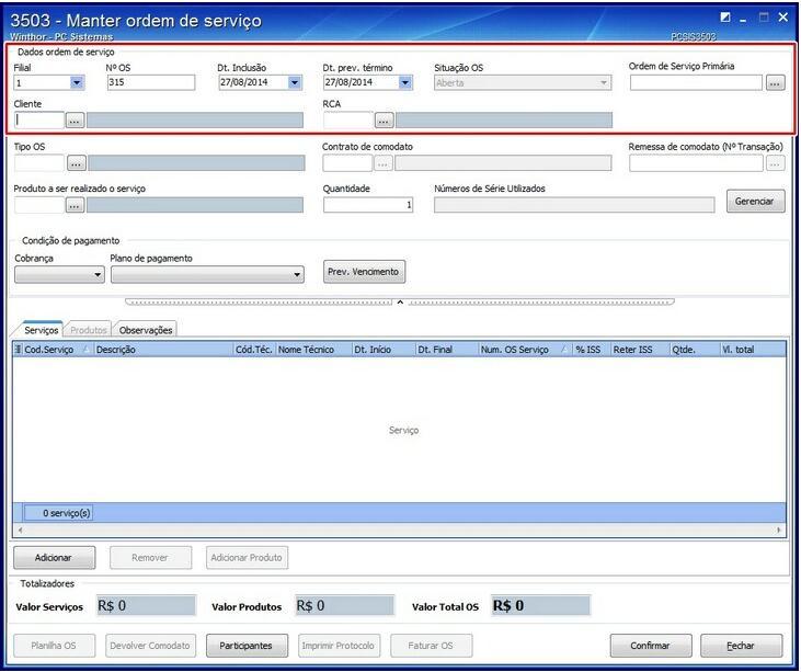 2. Gerar Nova Ordem de Serviço A rotina realiza a abertura de ordem de serviço com a inclusão do(s) produto(s) utilizado(s).